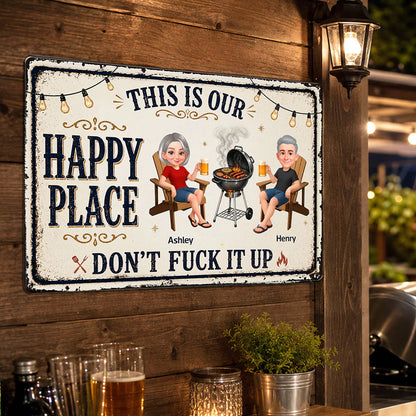 Custom Rectangular Iron Sign with Happy Place Quote, Backyard BBQ Scene, Creative Gift for Couples