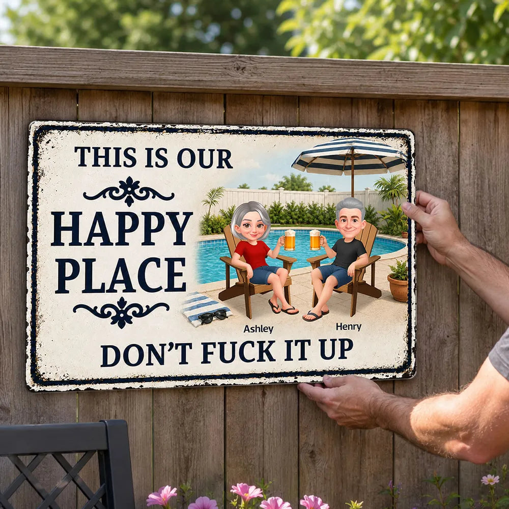 Custom Rectangular Iron Sign, Funny Happy Place Pool Scene, Creative Gift for Backyard Hosts