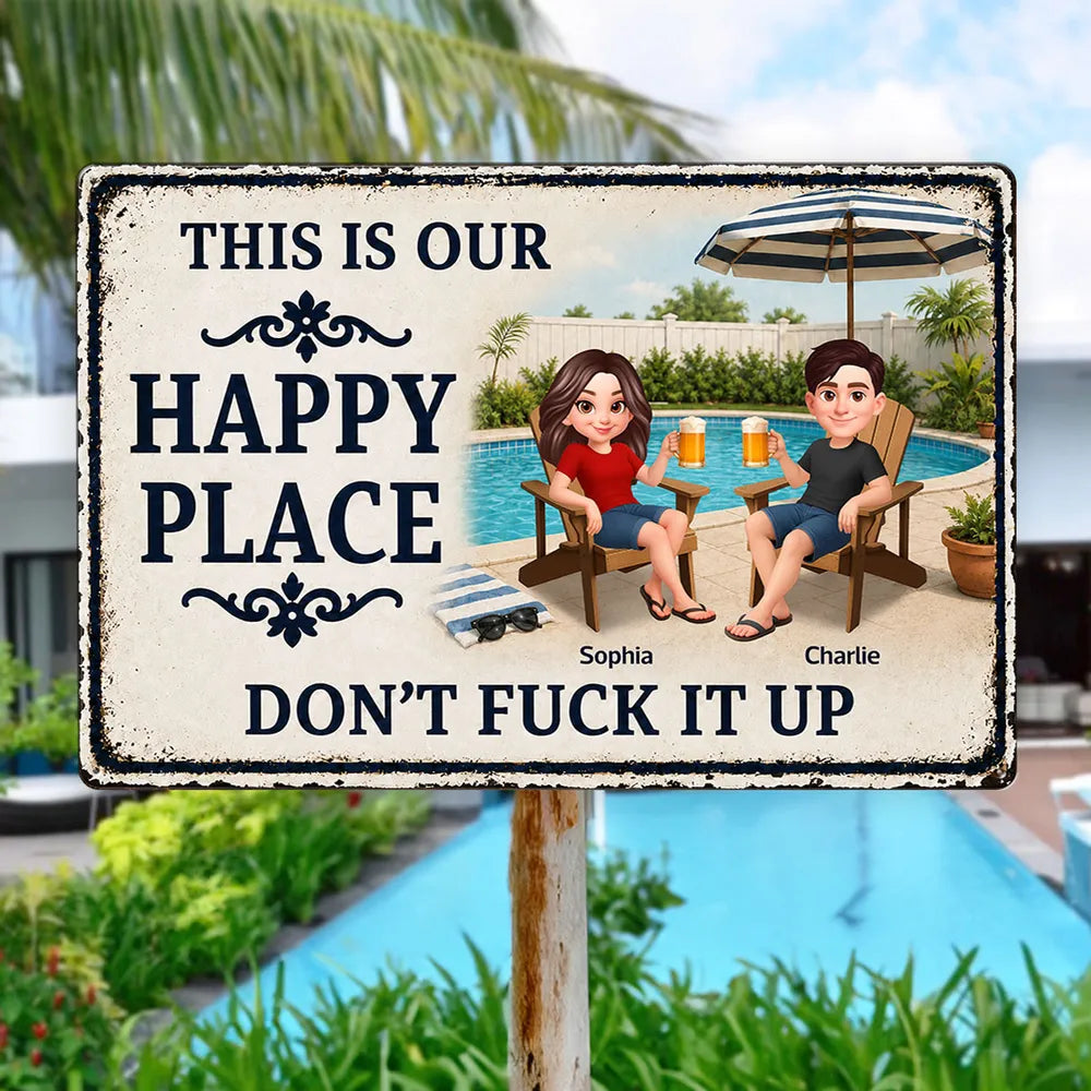 Custom Rectangular Iron Sign, Funny Happy Place Pool Scene, Creative Gift for Backyard Hosts