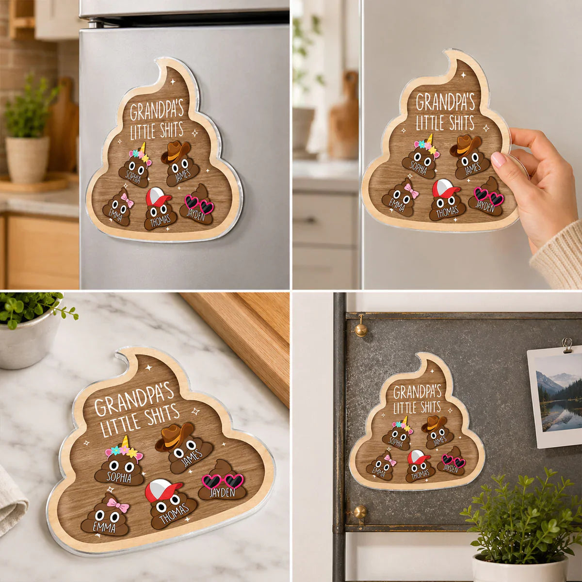 Personalized Acrylic Fridge Magnet With Cute Cartoon Poop Characters, Unique Gift For Grandpa's Kitchen Laughs