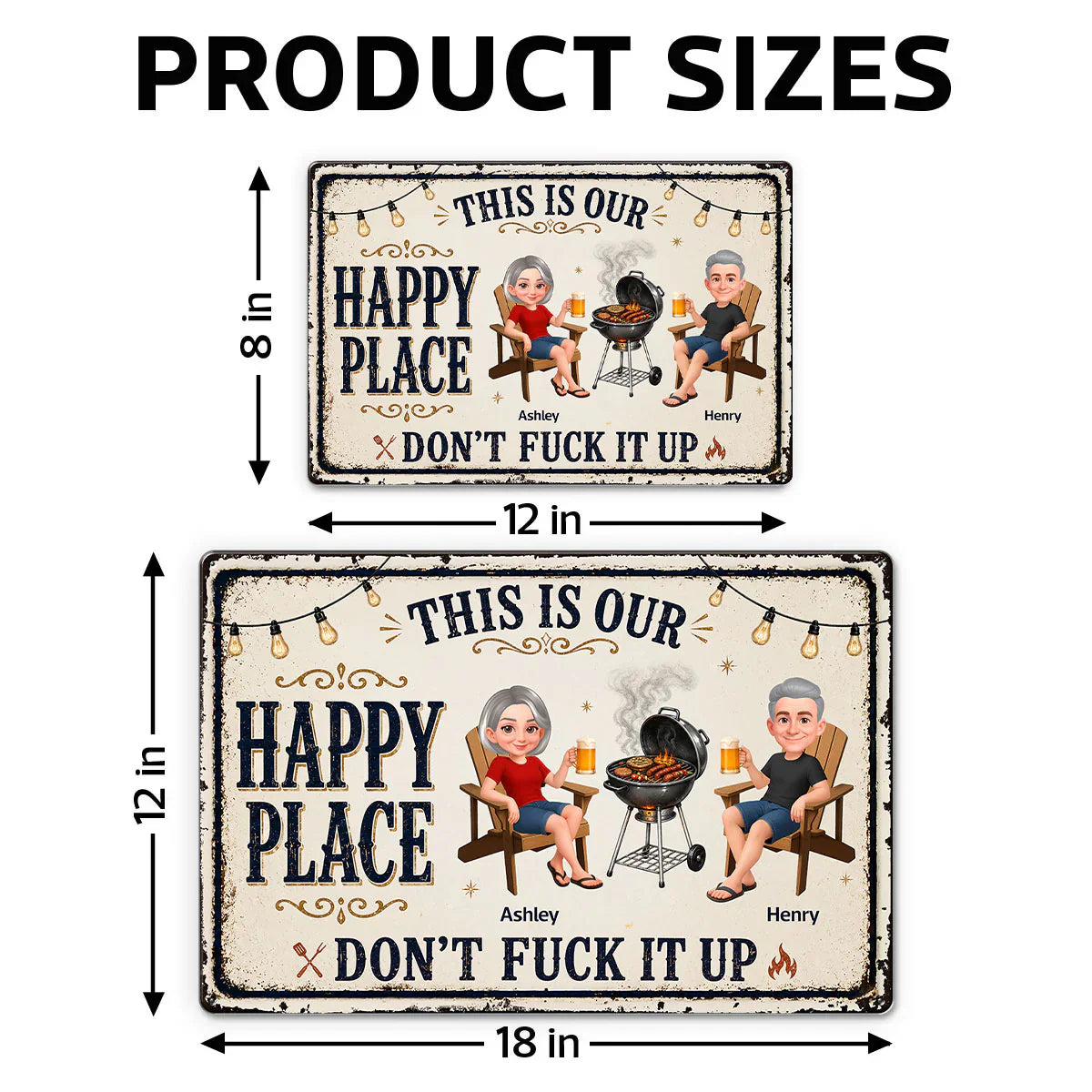 Custom Rectangular Iron Sign with Happy Place Quote, Backyard BBQ Scene, Creative Gift for Couples