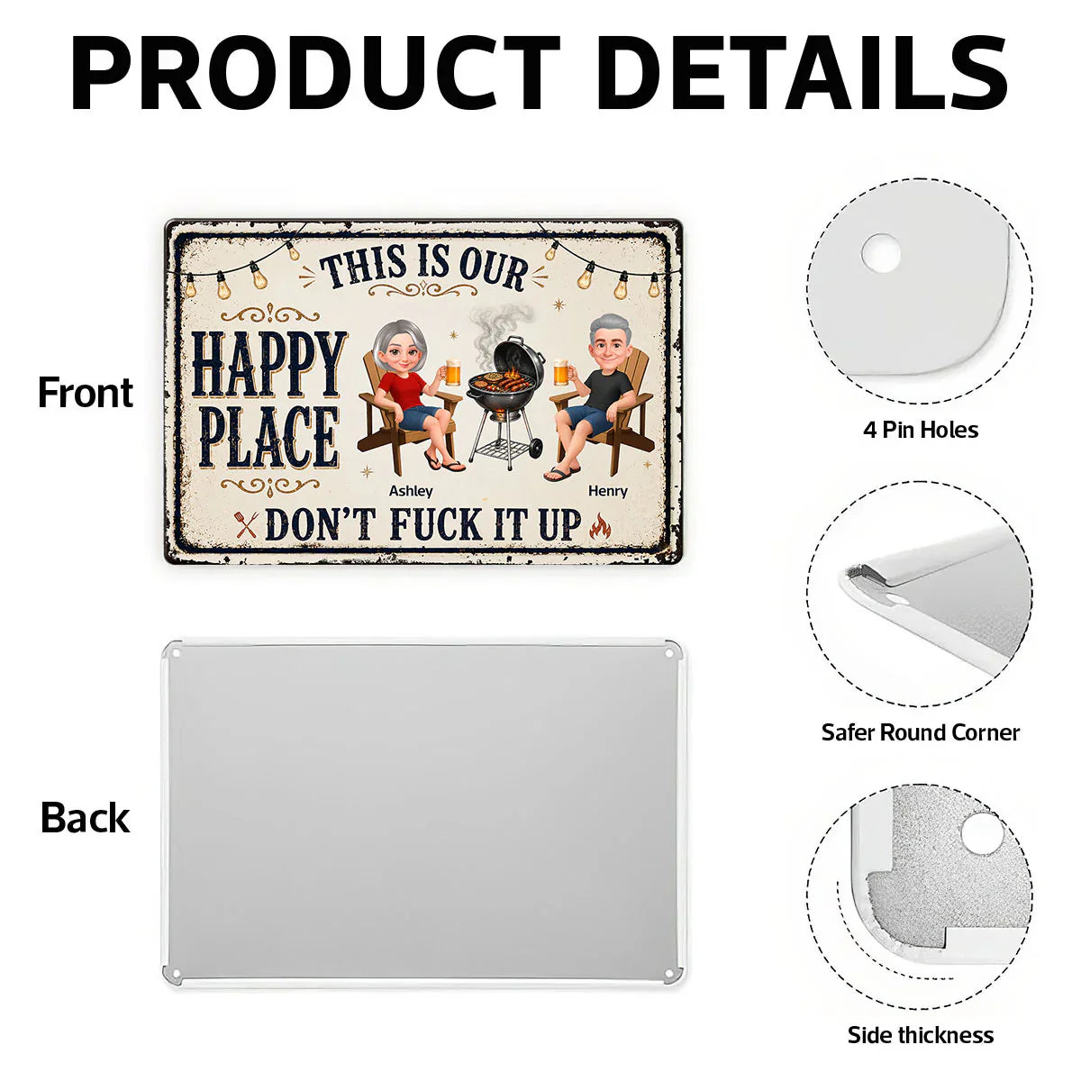 Custom Rectangular Iron Sign with Happy Place Quote, Backyard BBQ Scene, Creative Gift for Couples