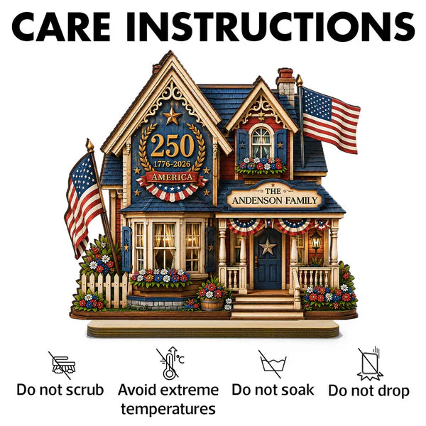 Personalized Wooden Plaque with Patriotic House Art, USA 250th Family Shelf Decor, Unique Gift for Family