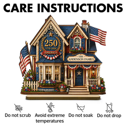Personalized Wooden Plaque with Patriotic House Art, USA 250th Family Shelf Decor, Unique Gift for Family