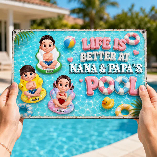 Personalized Rectangular Iron Sign, Kids on Pool Floats, Unique Gift for Nana & Papa's Pool