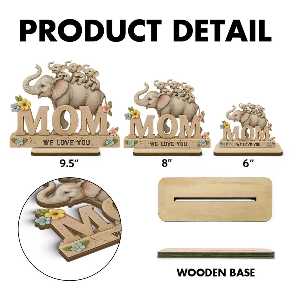 Personalized 2-Layer Wooden Plaque with Elephant Mom and Calves, We Love You Message, Unique Gift for Mom