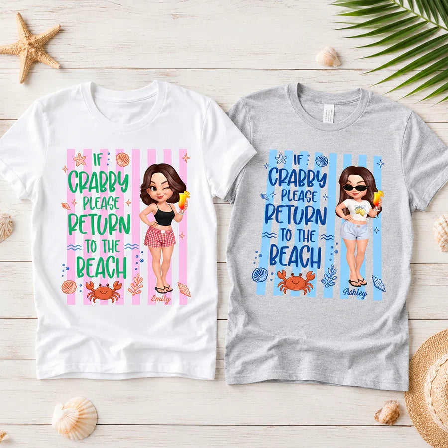 Personalized Classic Tee, Cute Crabby Beach Cartoon Shirt, Unique Creative Gift for Beach Lovers