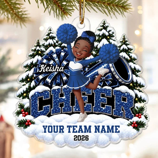 Personalized Acrylic Ornament, Cheerleader Cheering With Pom Poms by Snowy Trees, Unique Christmas Gift for Cheerleaders