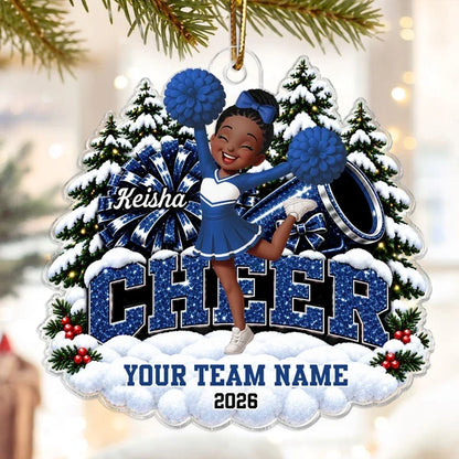 Personalized Acrylic Ornament, Cheerleader Cheering With Pom Poms by Snowy Trees, Unique Christmas Gift for Cheerleaders