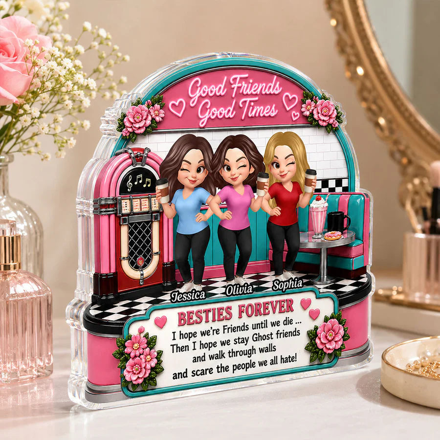 Personalized Shaped Acrylic Block Plaque, Winking Friends in Retro Diner, Unique Gift for Close Friend