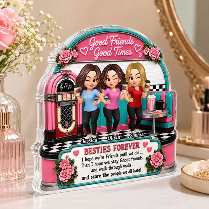 Personalized Shaped Acrylic Block Plaque, Winking Friends in Retro Diner, Unique Gift for Close Friend