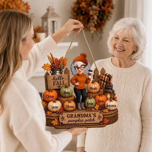 Personalized Wooden Sign, Grandma Holding Coffee on an Autumn Porch, Unique Fall Gift for Grandma