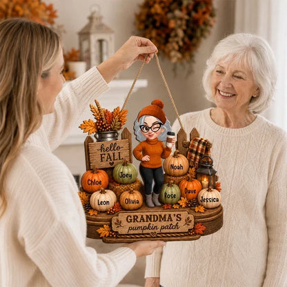 Personalized Wooden Sign, Grandma Holding Coffee on an Autumn Porch, Unique Fall Gift for Grandma