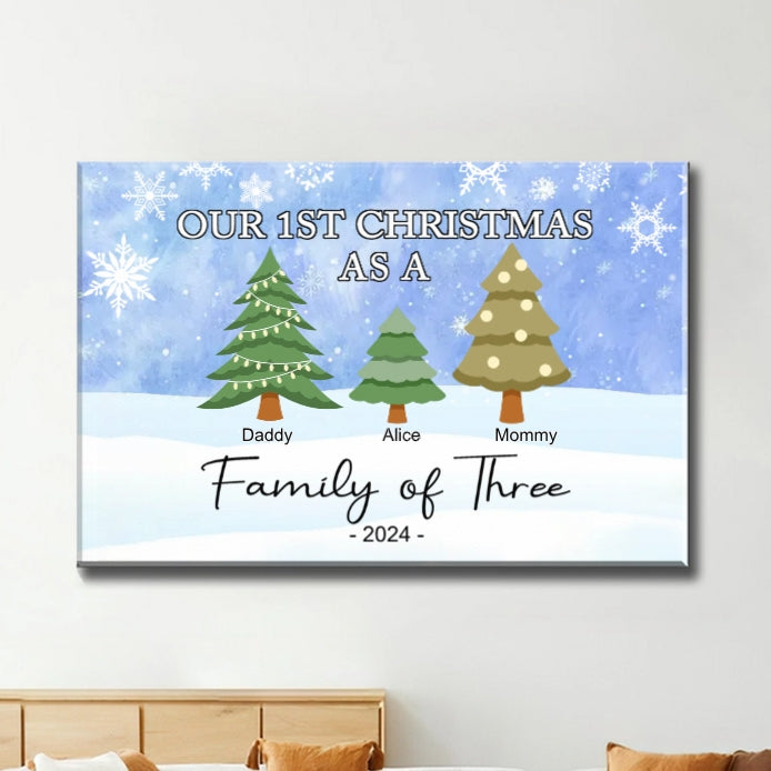 Custom personalized family of three Christmas ornament keychain poster canvas with design for first Christmas together