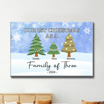 Custom personalized family of three Christmas ornament keychain poster canvas with design for first Christmas together