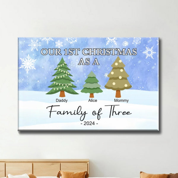 "Personalized Family of Three Ornament - Our 1st Christmas as a Family - Custom Christmas Tree Poster，Ornament，Plaque，Keychain，Pillow ，Cup