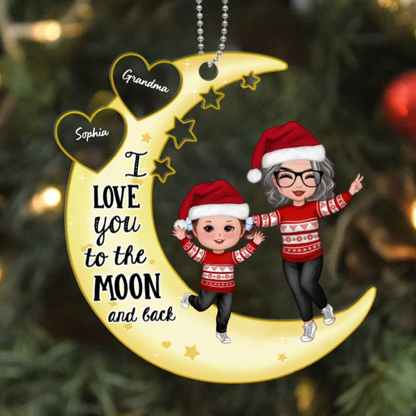 Personalized Moon Ornament, Plaque, Keychain, Pillow, Cup, and Bag - "I Love You to the Moon and Back" for Grandma & Grandkid