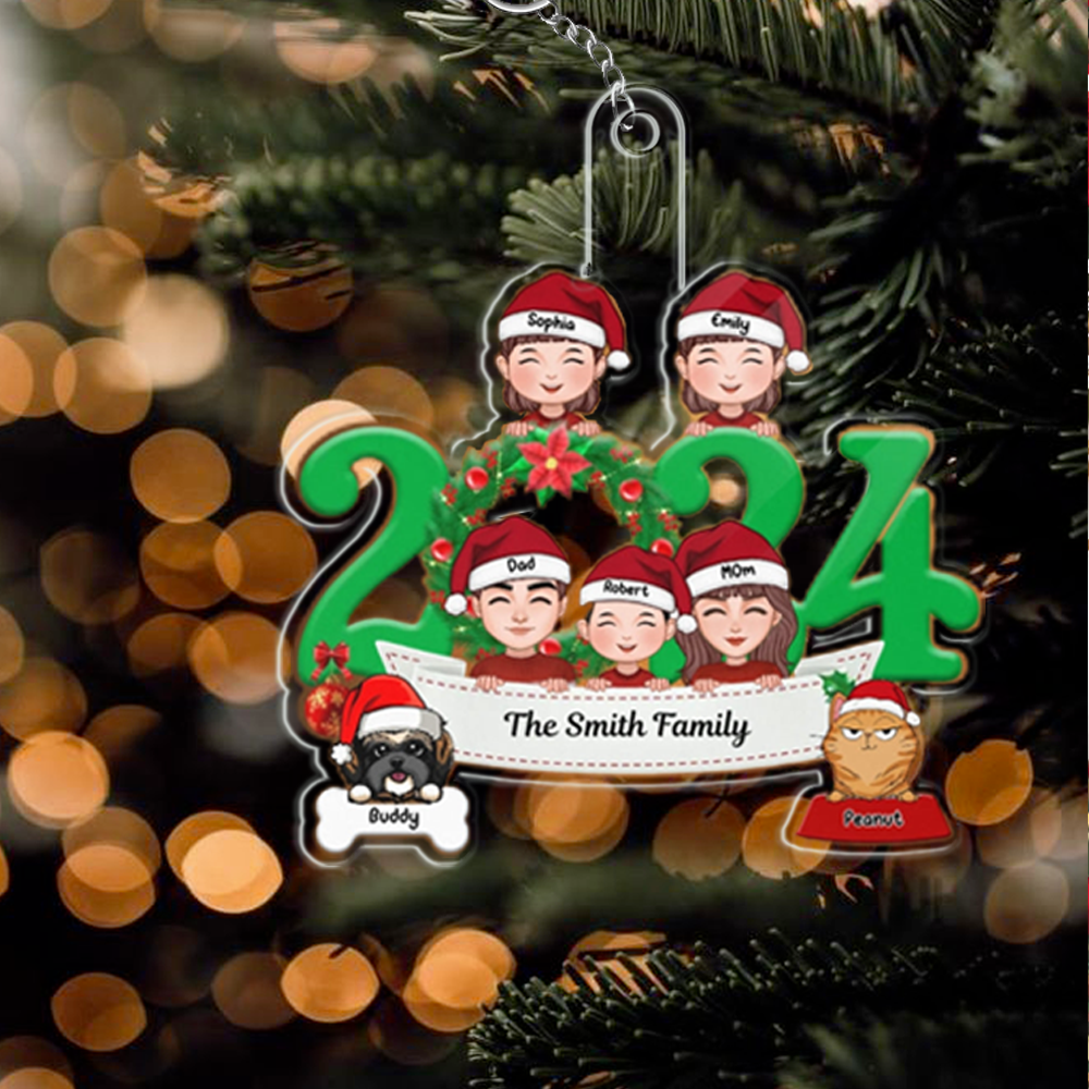 Family and Pets Peeking 2024 Personalized Ornament, Sign, Sticker, Plaque - Perfect Gift for the Holiday Season