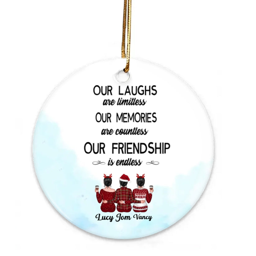 Custom personalized gift items including posters, canvases, keychains, and beauty tools with 'Besties - Our Laughs Are Limitless Our Memories Are Countless Our Friendship Is Endless' design, perfect for friendship gifts