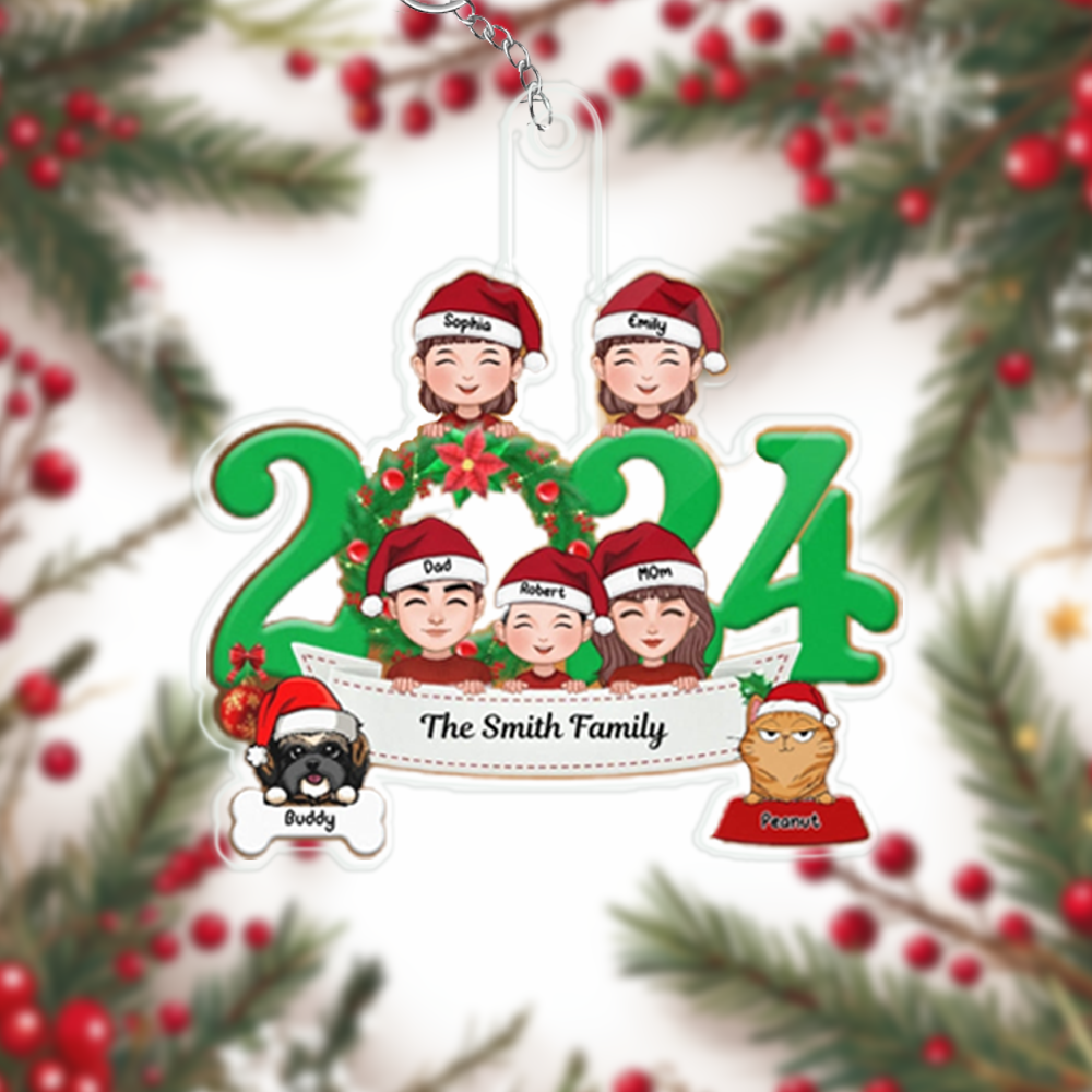 Family and Pets Peeking 2024 Personalized Ornament, Sign, Sticker, Plaque - Perfect Gift for the Holiday Season
