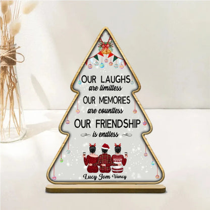 Custom personalized gift items including posters, canvases, keychains, and beauty tools with 'Besties - Our Laughs Are Limitless Our Memories Are Countless Our Friendship Is Endless' design, perfect for friendship gifts