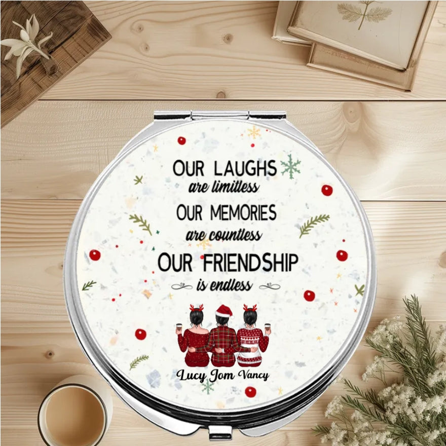 Custom personalized gift items including posters, canvases, keychains, and beauty tools with 'Besties - Our Laughs Are Limitless Our Memories Are Countless Our Friendship Is Endless' design, perfect for friendship gifts