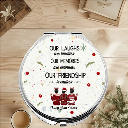 Custom personalized gift items including posters, canvases, keychains, and beauty tools with 'Besties - Our Laughs Are Limitless Our Memories Are Countless Our Friendship Is Endless' design, perfect for friendship gifts