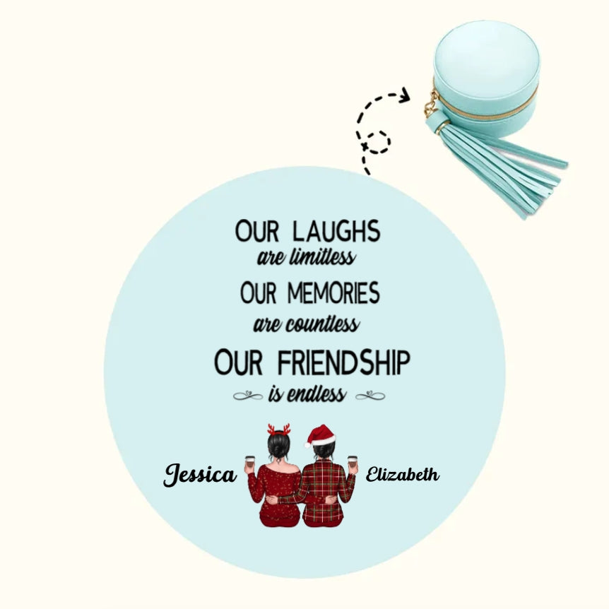 Custom personalized gift items including posters, canvases, keychains, and beauty tools with 'Besties - Our Laughs Are Limitless Our Memories Are Countless Our Friendship Is Endless' design, perfect for friendship gifts