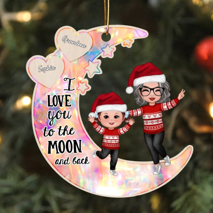 Personalized Moon Ornament, Plaque, Keychain, Pillow, Cup, and Bag - "I Love You to the Moon and Back" for Grandma & Grandkid