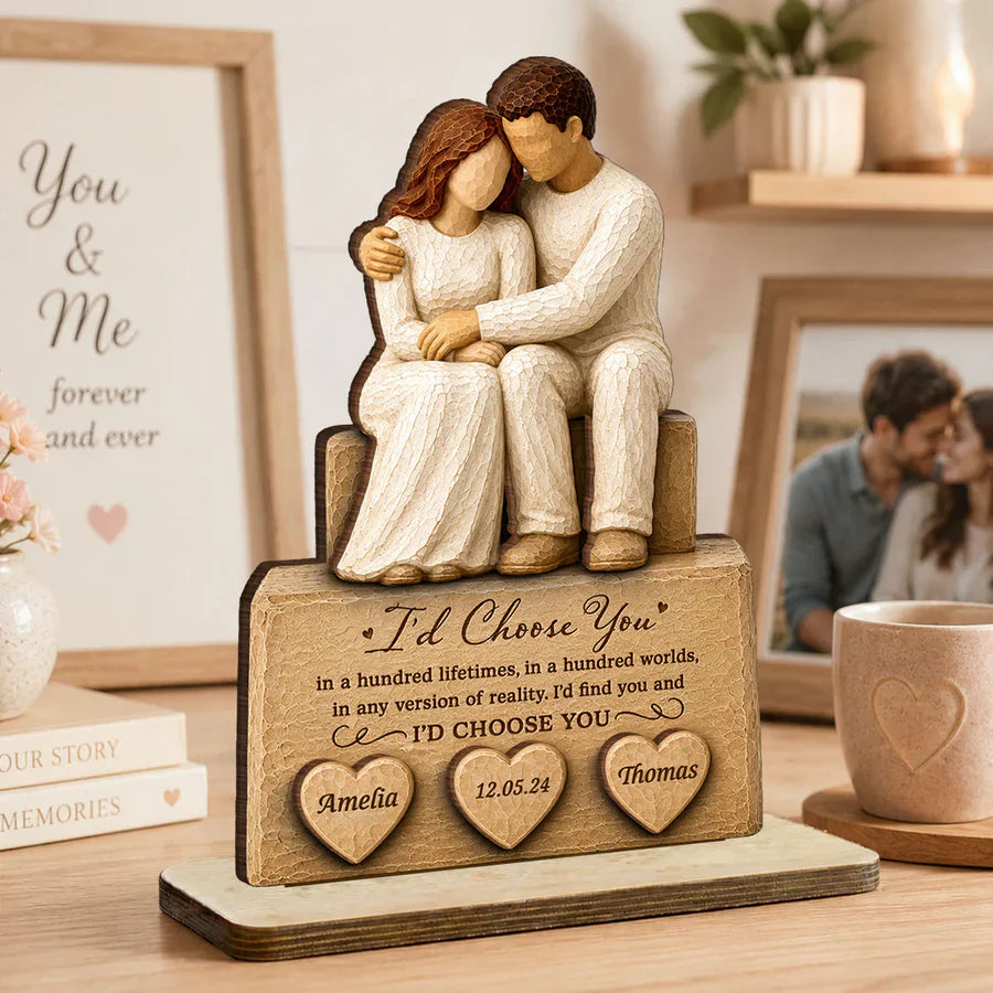Personalized 2-Layer Wooden Plaque with Embracing Couple, I'd Choose You Quote, Unique Anniversary Gift