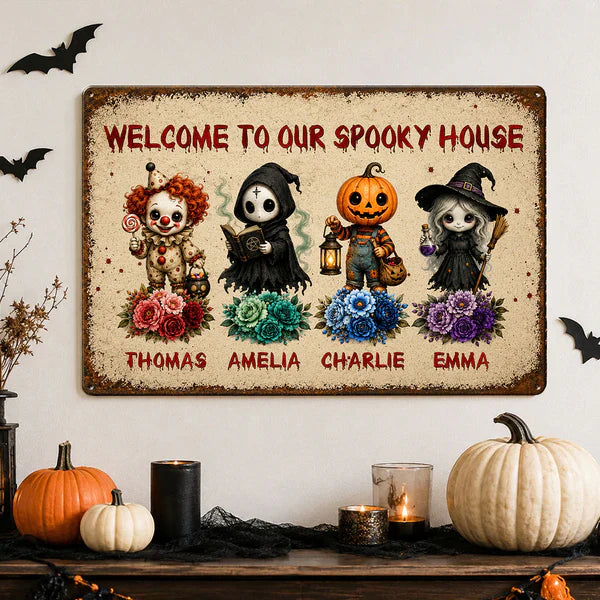 Personalized Rectangular Iron Sign, Welcome To Our Spooky House Halloween Porch Decor, Unique Family Gift