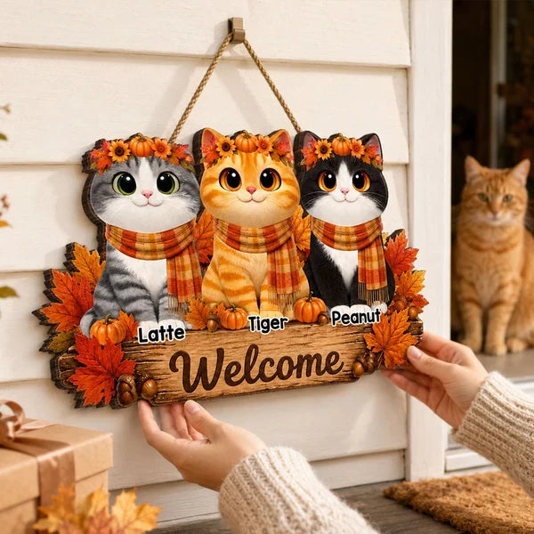 Personalized Wooden Sign, Cozy Cartoon Cats in Autumn Leaves, Creative Housewarming Gift for Cat Owners
