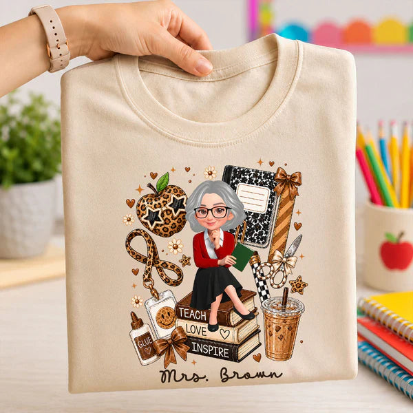 Personalized Teacher Classic Tee, Sitting Teacher & Leopard Apple, Unique Back to School Gift