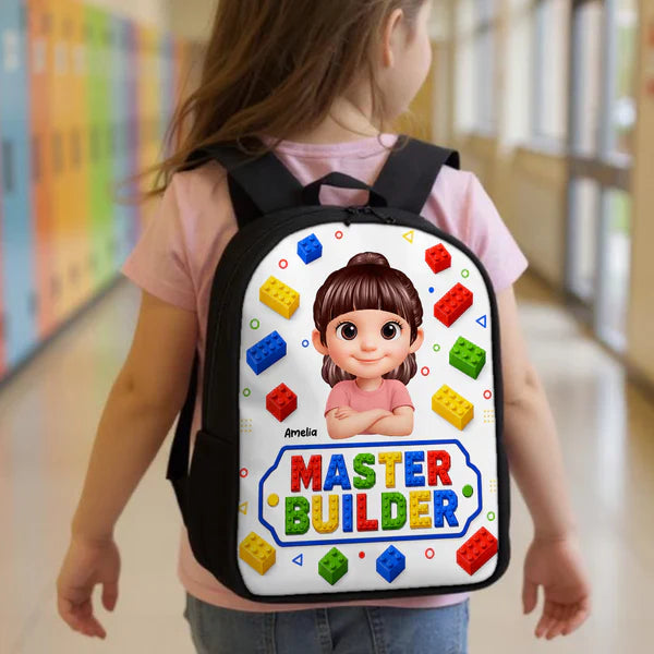 Personalized Kids School Backpack With Smiling Cartoon Child & Colorful Block Art, Creative Gift for Boys & Girls