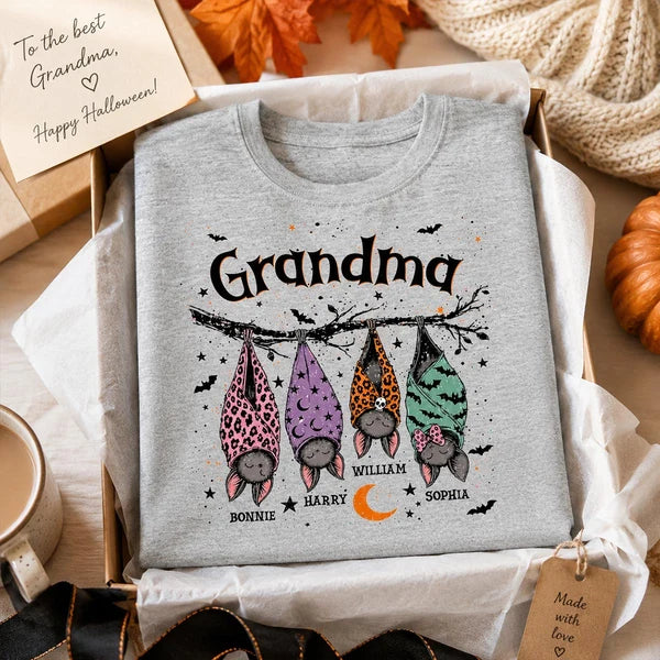 Personalized Classic Tee with Cute Bats Hanging from a Branch, Creative Halloween Gift for Grandma