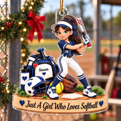 Personalized Acrylic Ornament, Cartoon Softball Player Swinging a Bat, Unique Christmas Gift for Daughter