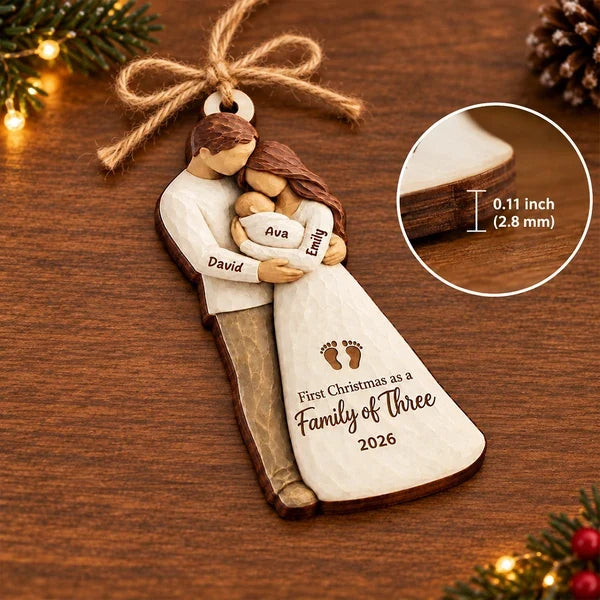 Personalized Wooden Ornament, Parents Cradling Baby, Unique Christmas Tree Gift for New Parents