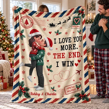 Personalized Fleece Blanket, Kissing Couple in a Vintage Christmas Scene, Unique Gift for Your Partner