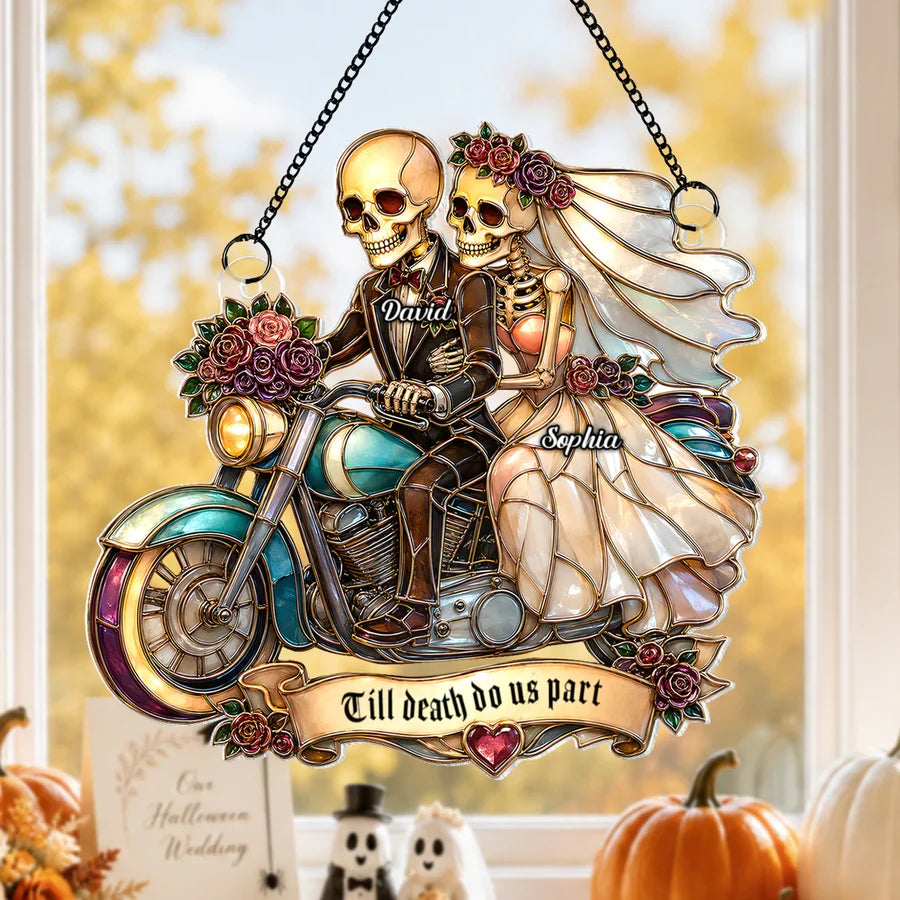 Personalized Acrylic Suncatcher Ornament, Skeleton Newlyweds Riding Motorcycle, Unique Couple Gift