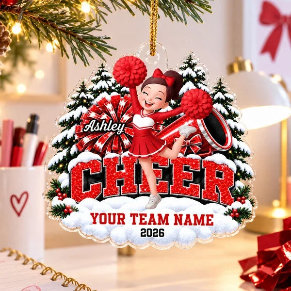 Personalized Acrylic Ornament, Cheerleader Cheering With Pom Poms by Snowy Trees, Unique Christmas Gift for Cheerleaders