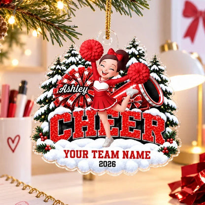 Personalized Acrylic Ornament, Cheerleader Cheering With Pom Poms by Snowy Trees, Unique Christmas Gift for Cheerleaders