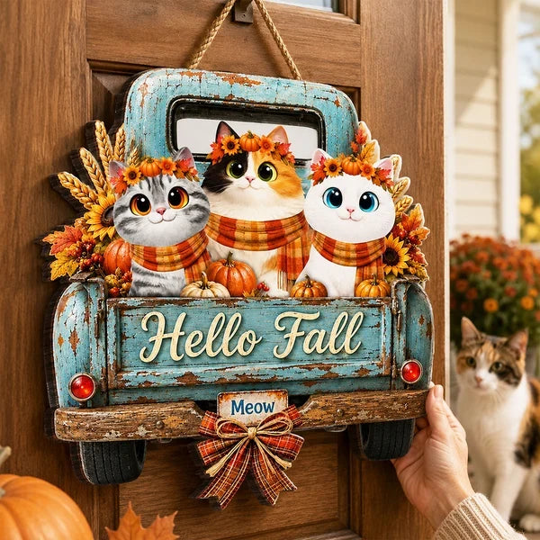 Personalized Wooden Sign with Cats in a Teal Vintage Truck, Rustic Fall Decor, Unique Gift for Cat Lovers