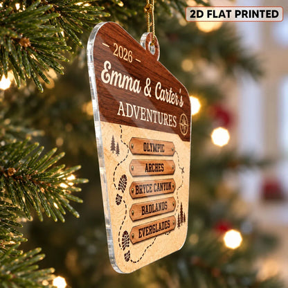 Personalized Acrylic Ornament with Park Map Trail, Compass & Pines, Unique Travel Gift for Couples