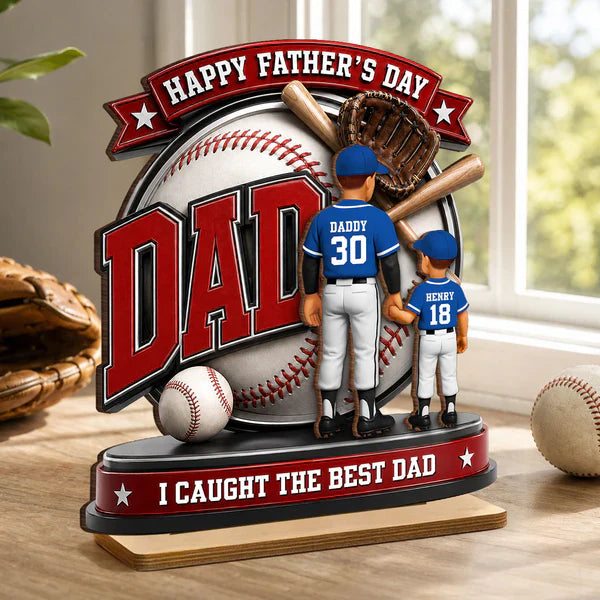 Personalized Baseball Dad 2-Layer Wooden Plaque, Holding Hands Scene, Unique Gift for Dad