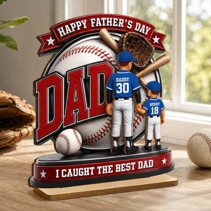 Personalized Baseball Dad 2-Layer Wooden Plaque, Holding Hands Scene, Unique Gift for Dad