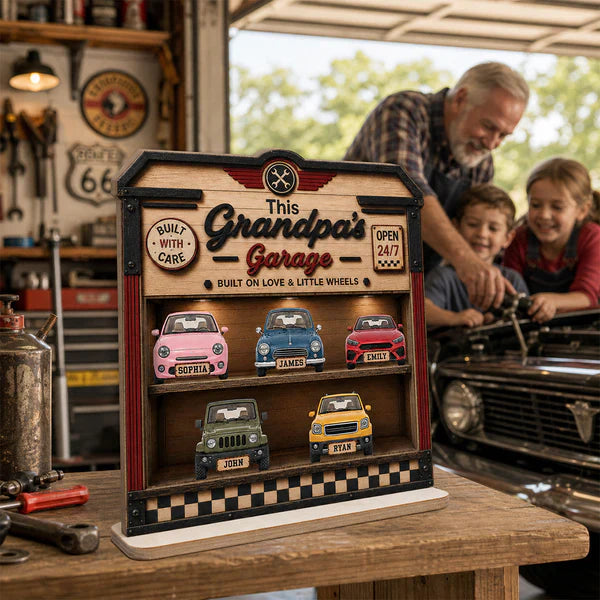 Custom Wooden Plaque for Dad or Grandpa, Warm Garage Keepsake With Little Wheels, Creative Family Gift