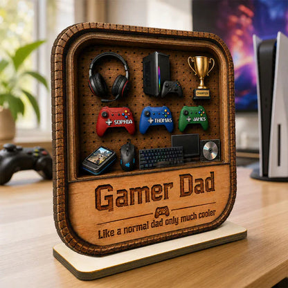 Gamer Dad 2-Layer Wooden Plaque, Personalized Gaming Shelf Display, Unique Gift for Dad