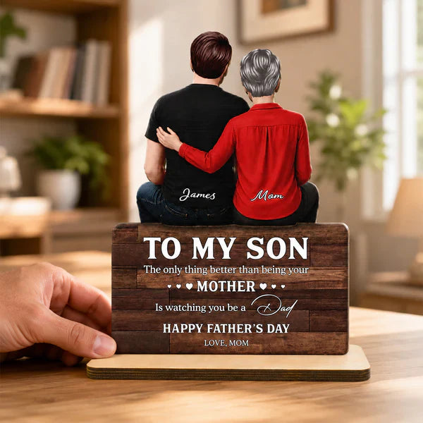 Custom Wooden Plaque for Son, Mom Resting Hand Artwork, Creative Heartfelt Gift from Mother