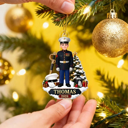 Personalized Acrylic Ornament, Marine in Dress Uniform Beside a Snowy Christmas Tree, Unique Gift for Service Members