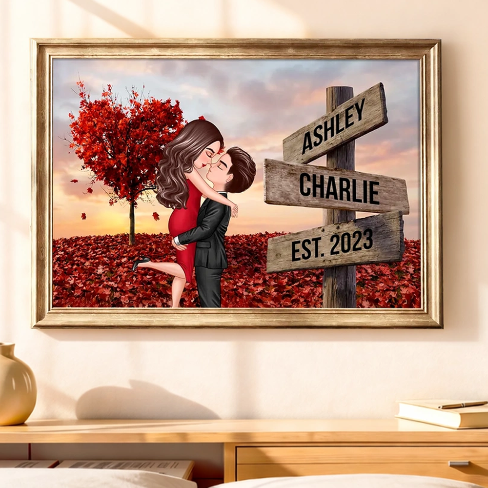 Personalized Couple Kissing Poster, Sunset Autumn Scene Wall Art, Unique Gift for Him or Her